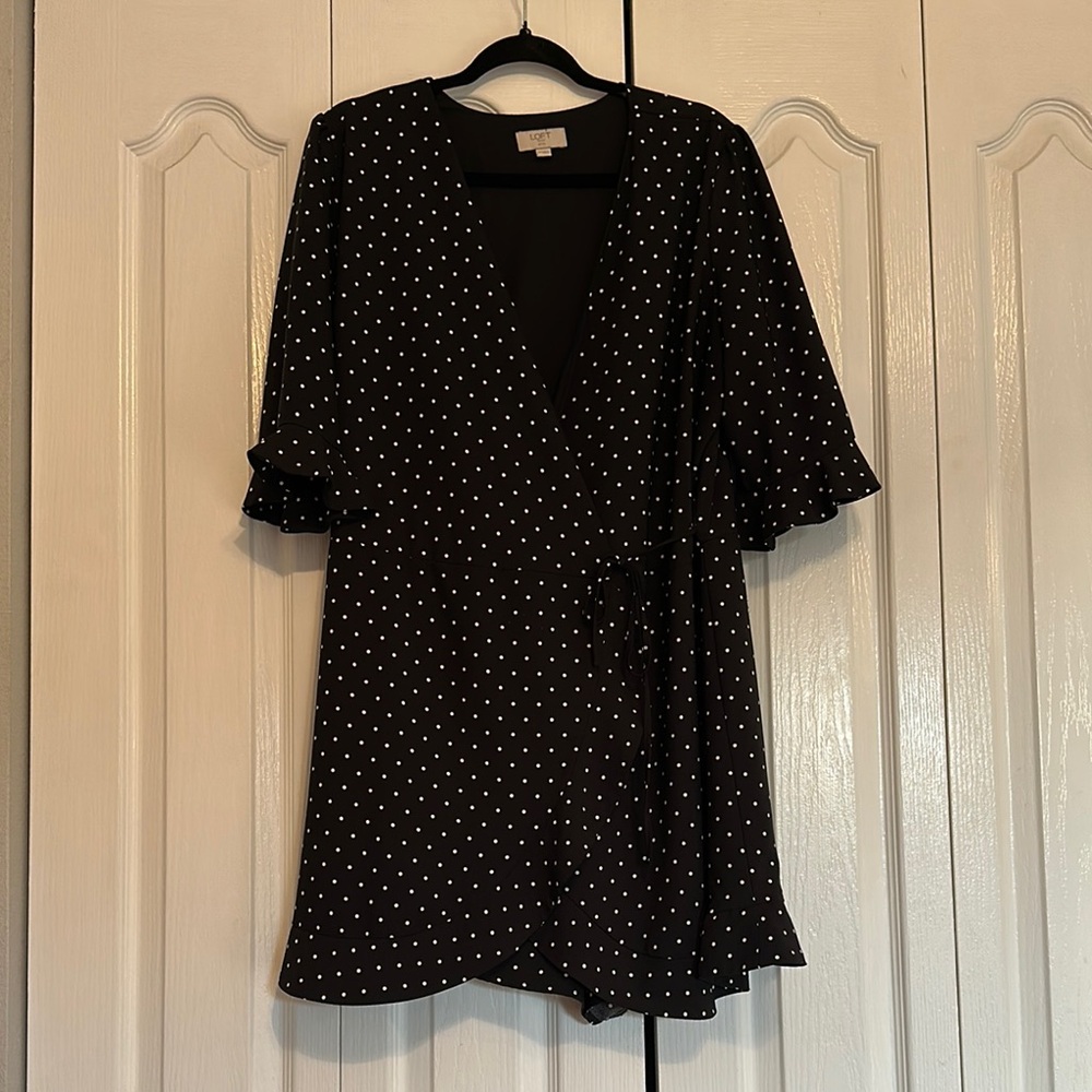 LOFT Black Polka Dot Wrap Romper